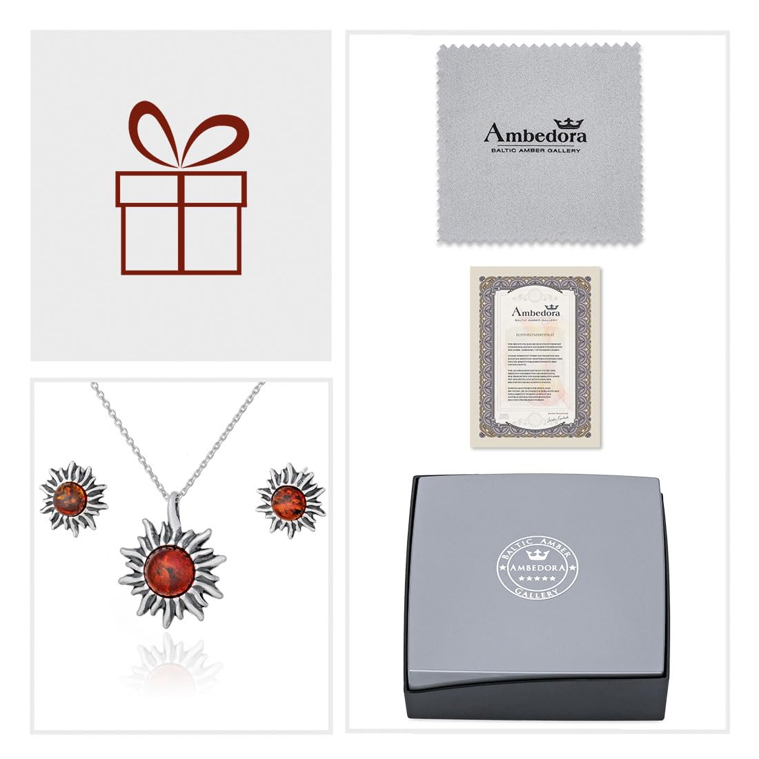 Set da donna in argento Sterling 925 con ciondolo a forma di piccolo sole (collana e orecchini), argento ossidato, ambra baltica in cognac, ciondolo con catenina e orecchini, set pronto per un regalo
