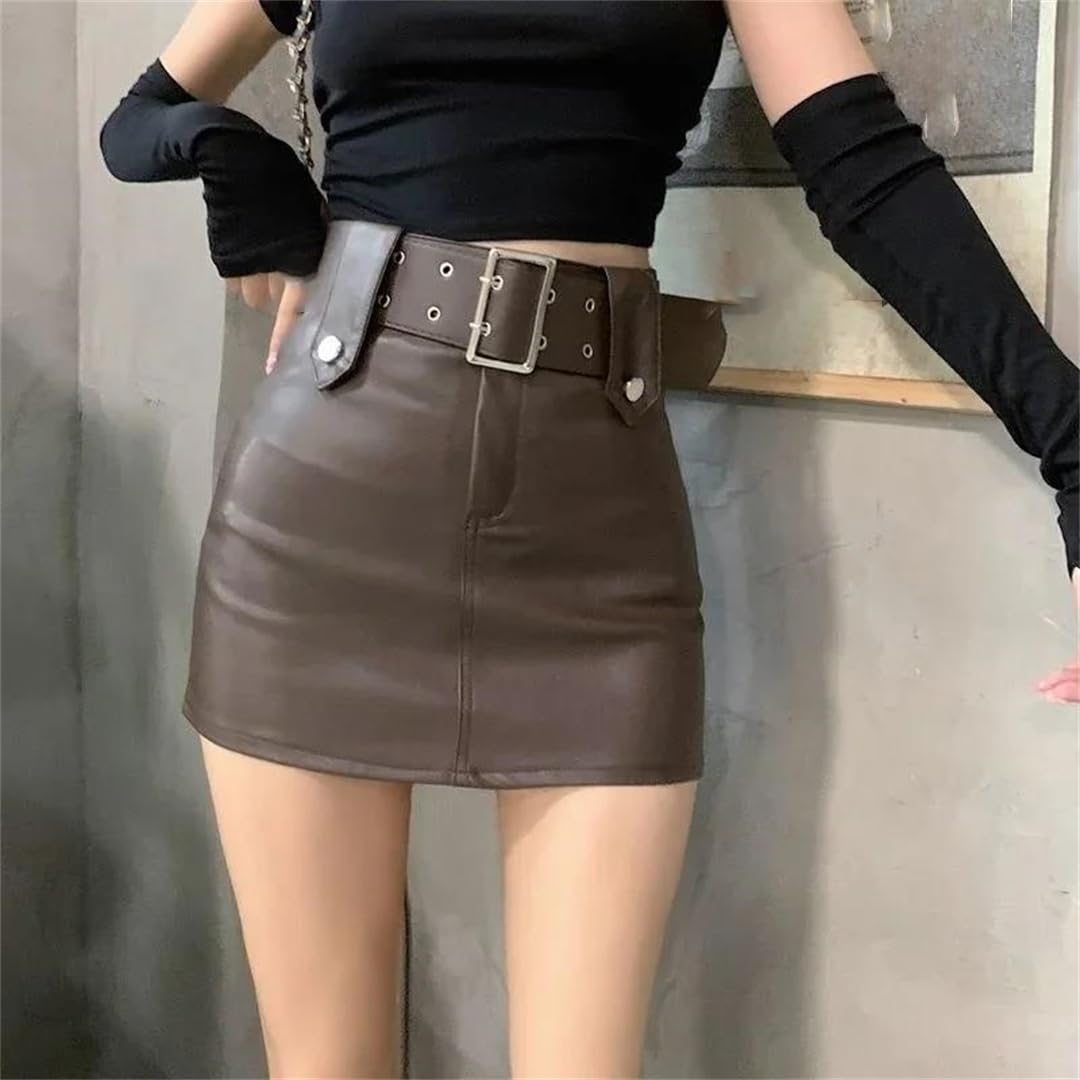 Kelsiop Minifalda de piel sintética de cintura alta para mujer, falda corta acampanada, casual, fiesta, club