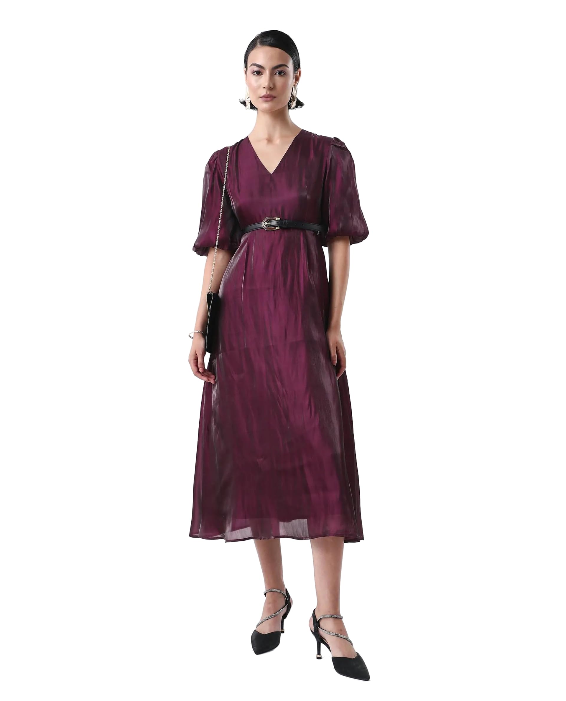 rareism Women Fit and Flare Solid Maroon Polyester V-Neck Puff Sleeve Dress-picture-50