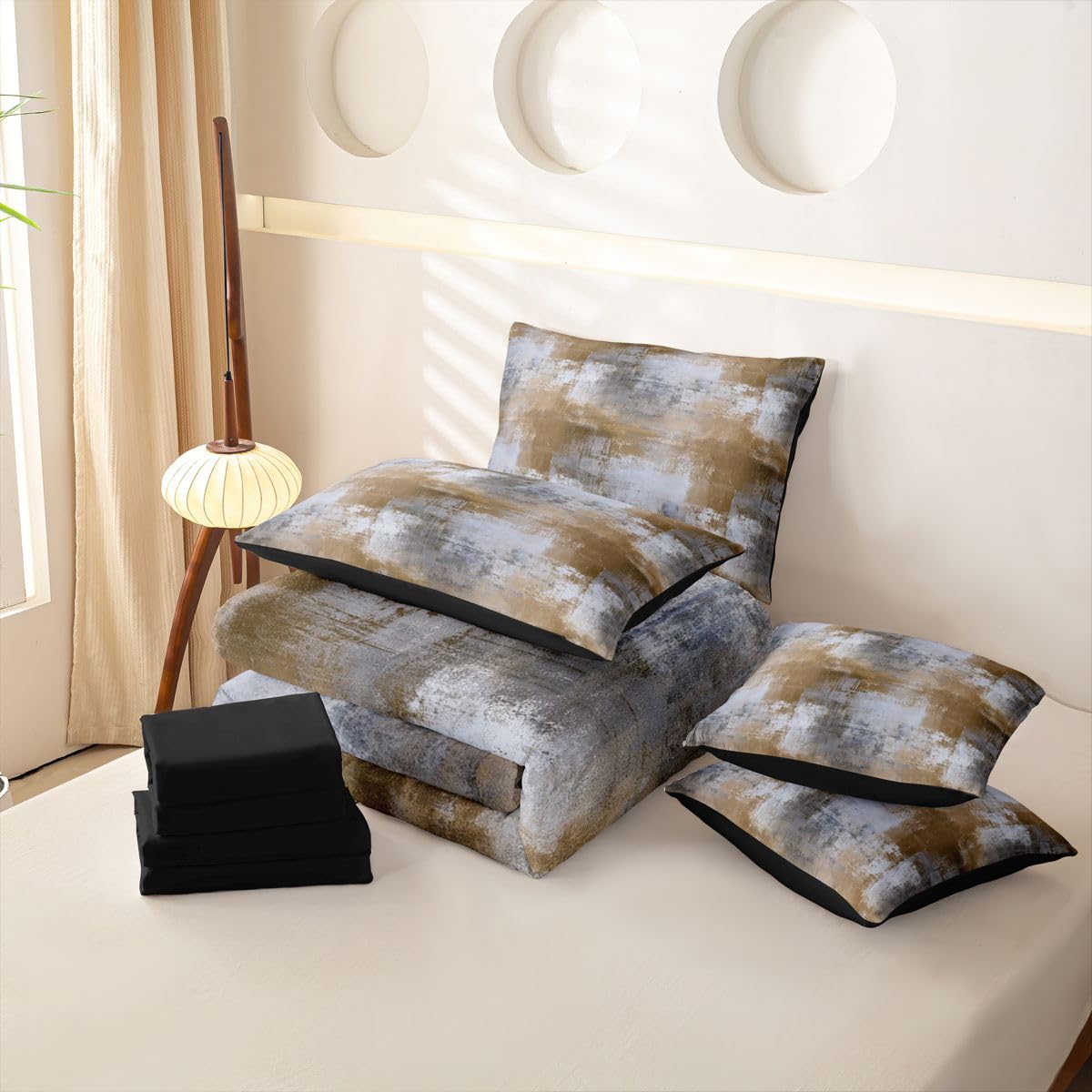 Loussiesd Set di biancheria da letto con copripiumino per letto singolo, 7 pezzi, motivo geometrico ombré, per bambini, ragazzi e ragazze, colore marrone e blu, sfumato in una borsa con copripiumino