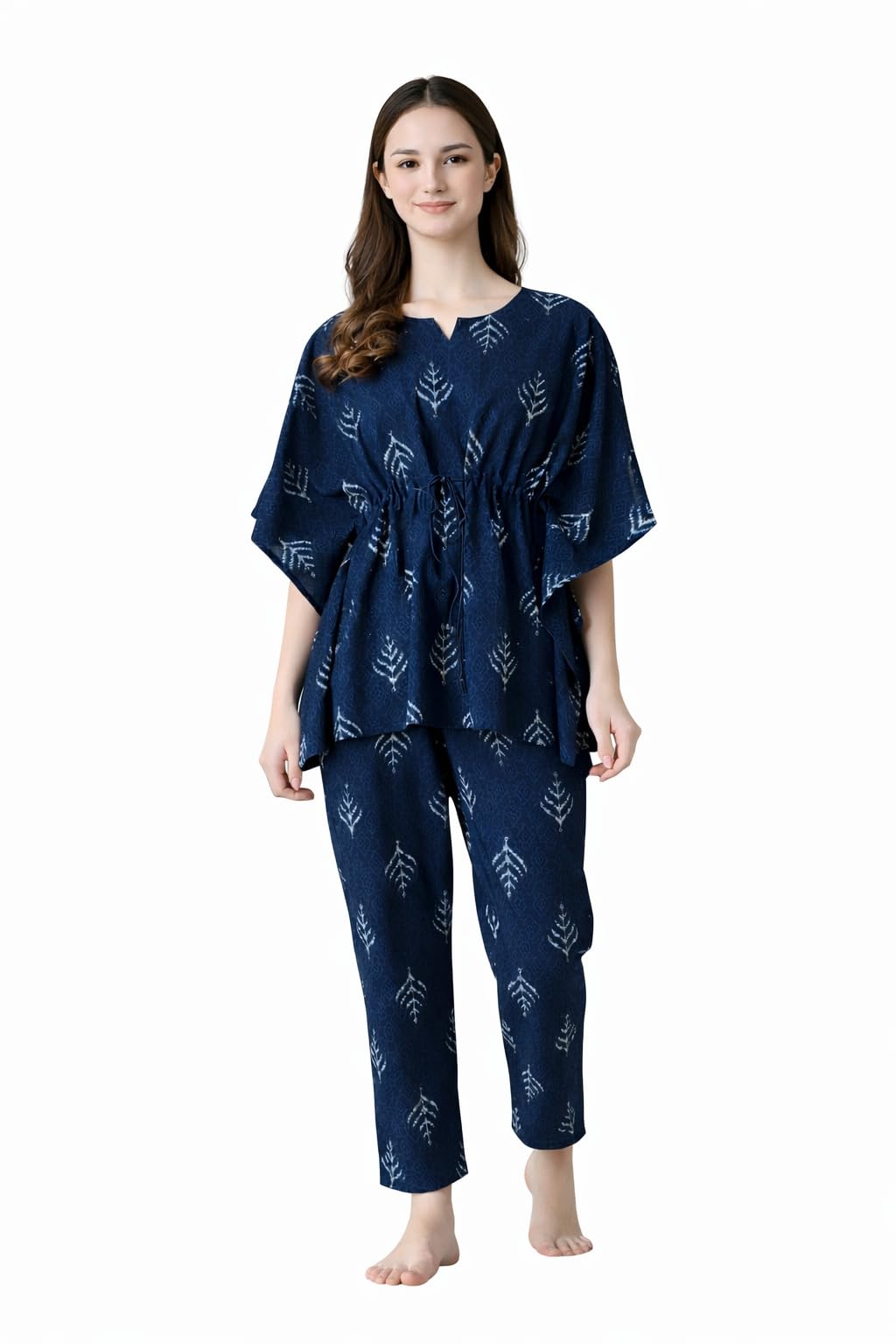 Women's Cotton Printed Night Wear Kaftan with Matching Bottom Night Suit Set-image-1