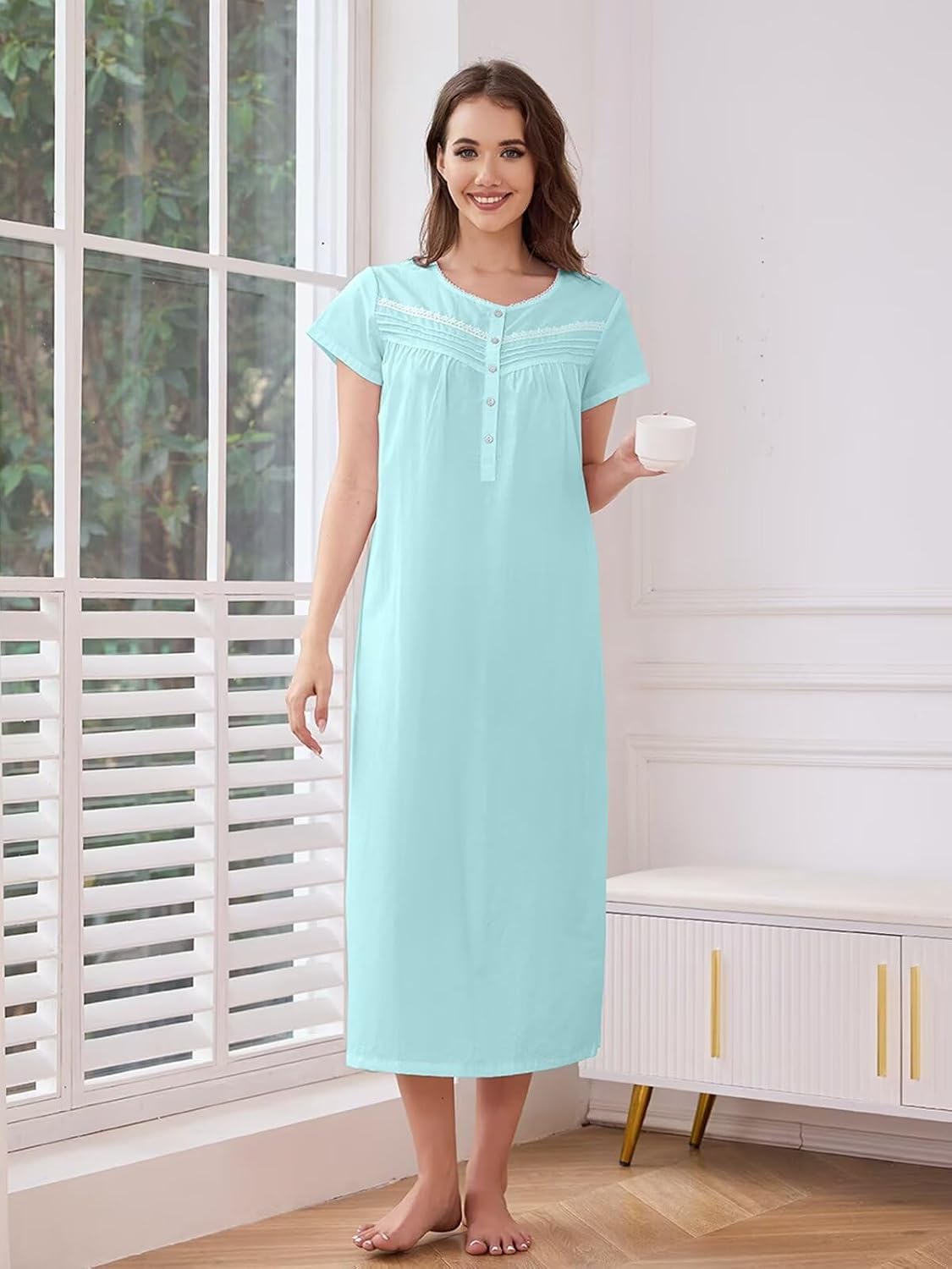FMIRREO Women's Long Nightgowns Cotton Night Gowns for Adult Women Short Sleeves Sleepwear Lightweight House Dresses