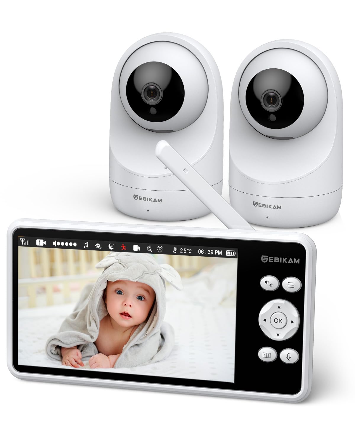 Babyphone mit 2 Kameras, 5 Zoll 720P HD Video Babyphone ohne WLAN | 4000mAh Akku, PTZ 355°, Nachtsicht, Zwei-Wege-Audio, VOX-Modus, Temperaturanzeige, Schlaflieder