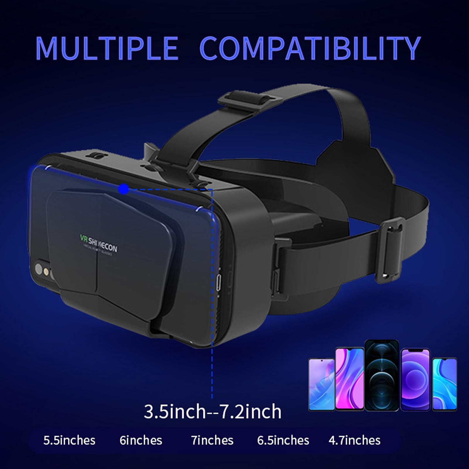 Occhiali 3D VR, occhiali per realtà virtuale VR montati sulla testa, occhiali VR Box per film 3D, videogiochi, adatto per smartphone da 3,5 a 7,25 pollici