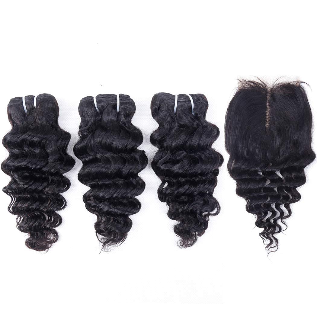 Deep Water Curly Wave Human Hair Bundles with Closure(10 10 10+10) Wet and Wavy 3 Bundles and Closure Unprocessed Brazilian Short Bob Hair Natural Black 50g/bundle - Image 2
