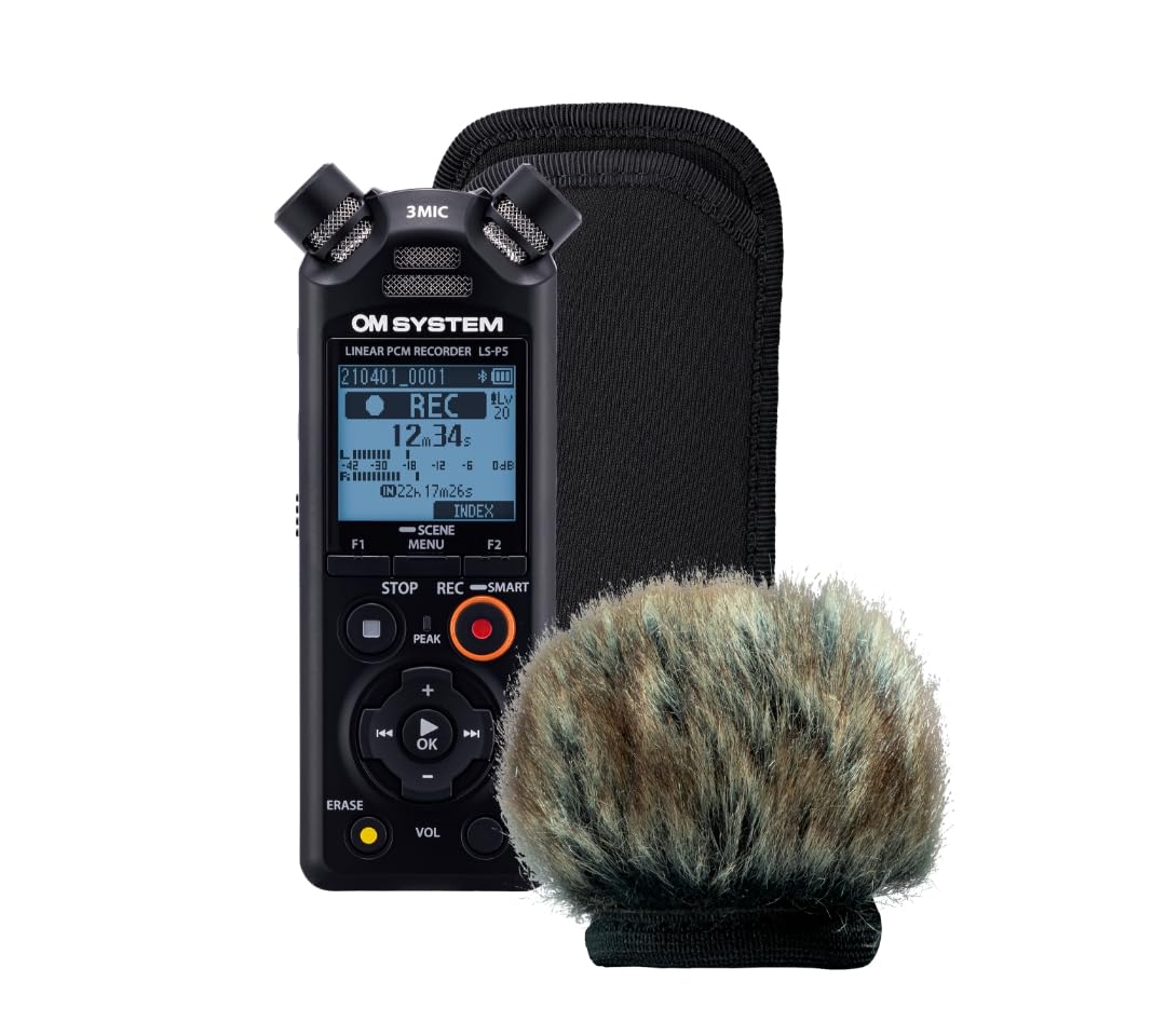 OM SYSTEM LS-P5 Wind Protection/Outdoor Kit - High-Resolution Audio Recorder with Windshield, Soft case, Micro USB Cable, Rechargeable Batteries Included