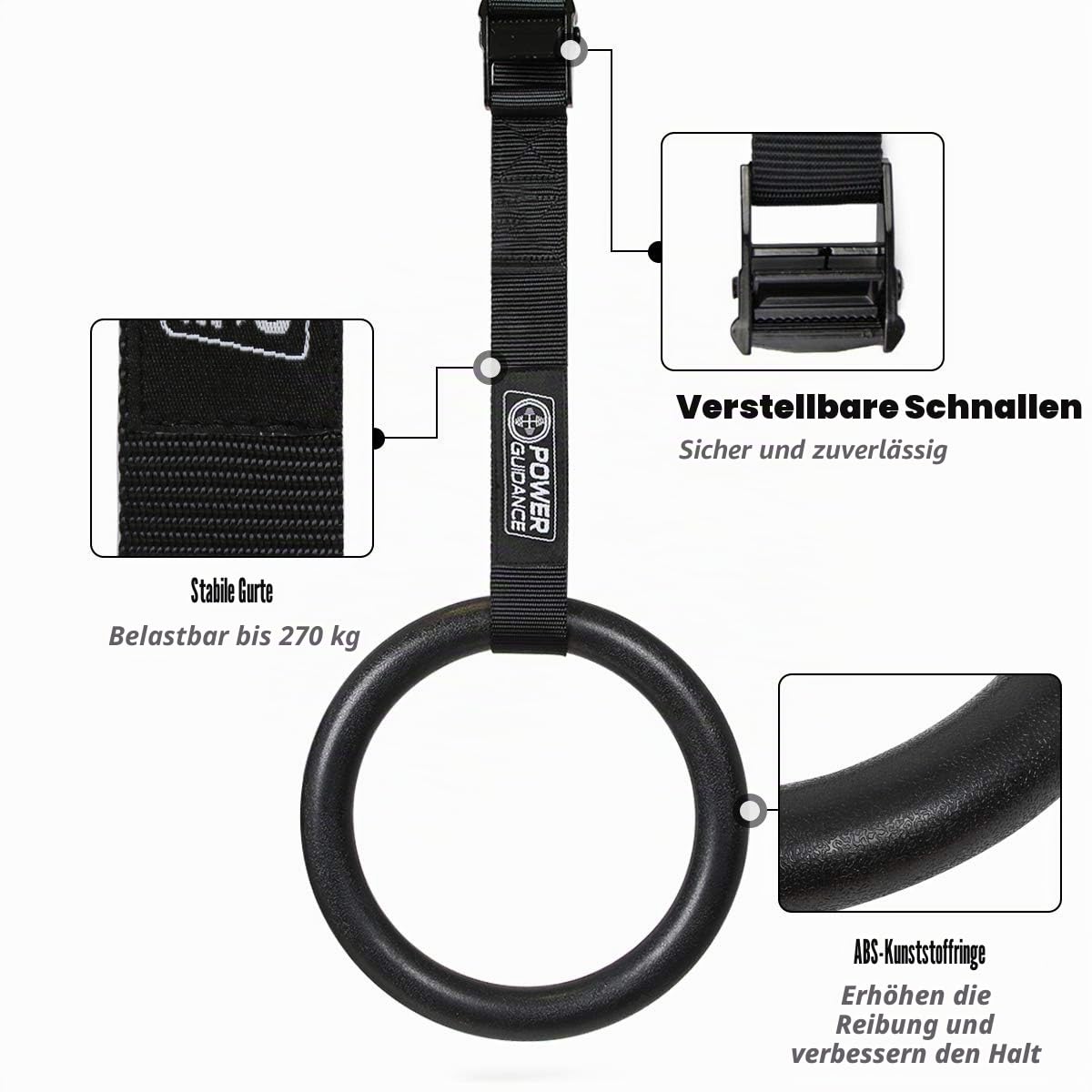 POWER GUIDANCE Turnringe Holz Gymnastikringe aus mit verstellbaren Buckles Straps für Home Gym, Indoor Training, Cross Fitness Klimmzüge & Krafttraining