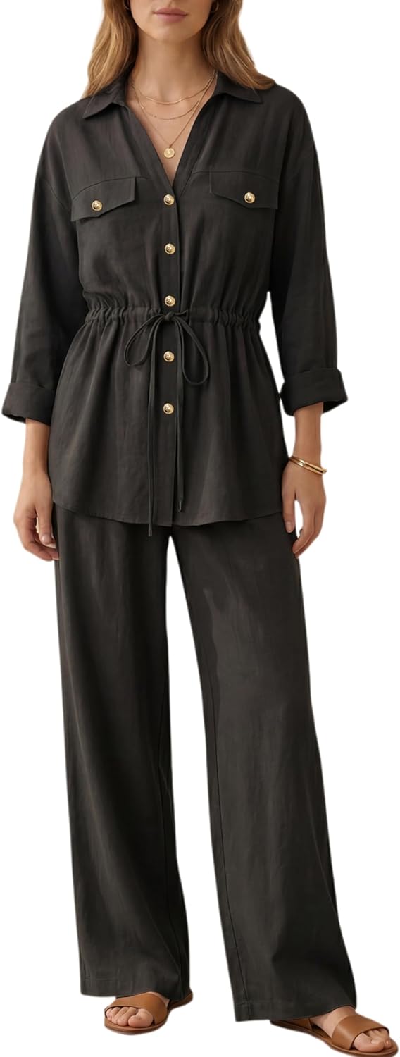 heipeiwa Women's 2 Piece Outfits Button-Up Tunic Top with Drawstring Waist Wide Leg Pants Sets Suits Tracksuit