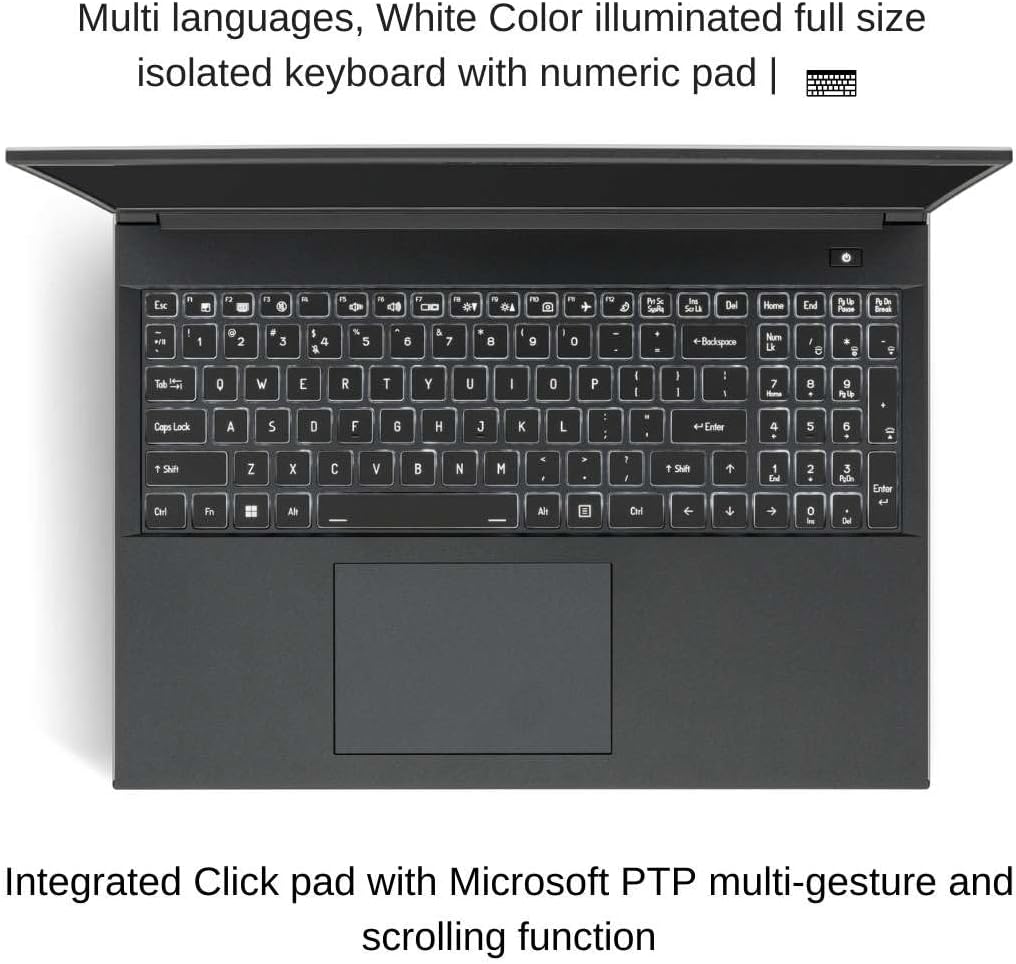 Top-down view of the HIDevolution EVOC V5602B laptop's keyboard and touchpad. The text on the image describes it as a 'Multi languages, White Color illuminated full size isolated keyboard with numeric pad | Integrated Click pad with Microsoft PTP multi-gesture and scrolling function'.