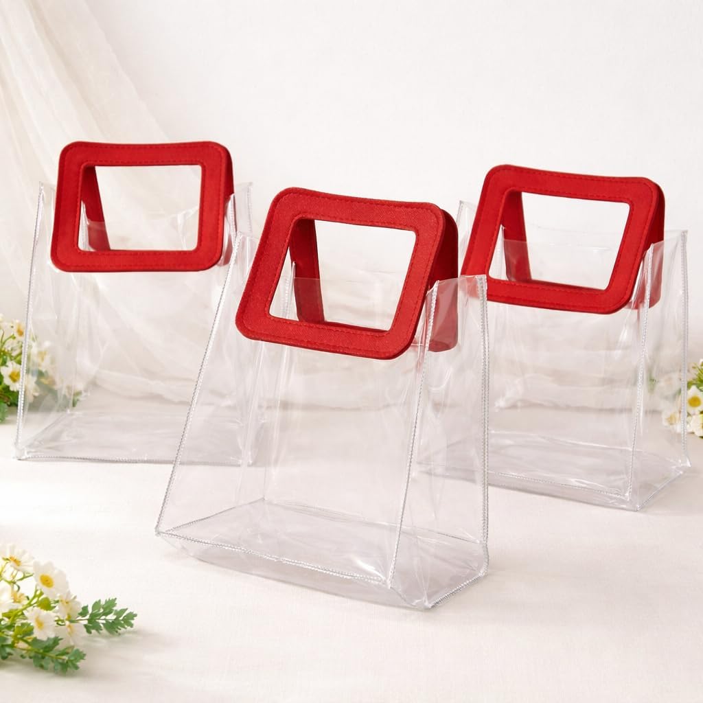 SATYAM KRAFT 6 Pcs Transparent Bag Goodie Bags With Round leather Handle Gift bag, hamper bag, Carry Bags, shopping gift bag for Valentine Gifting, Presents, Packing, Wedding Return Gifts, Birthday, Events, Party, Festivals (RED 20 X 18 Square)-image-25