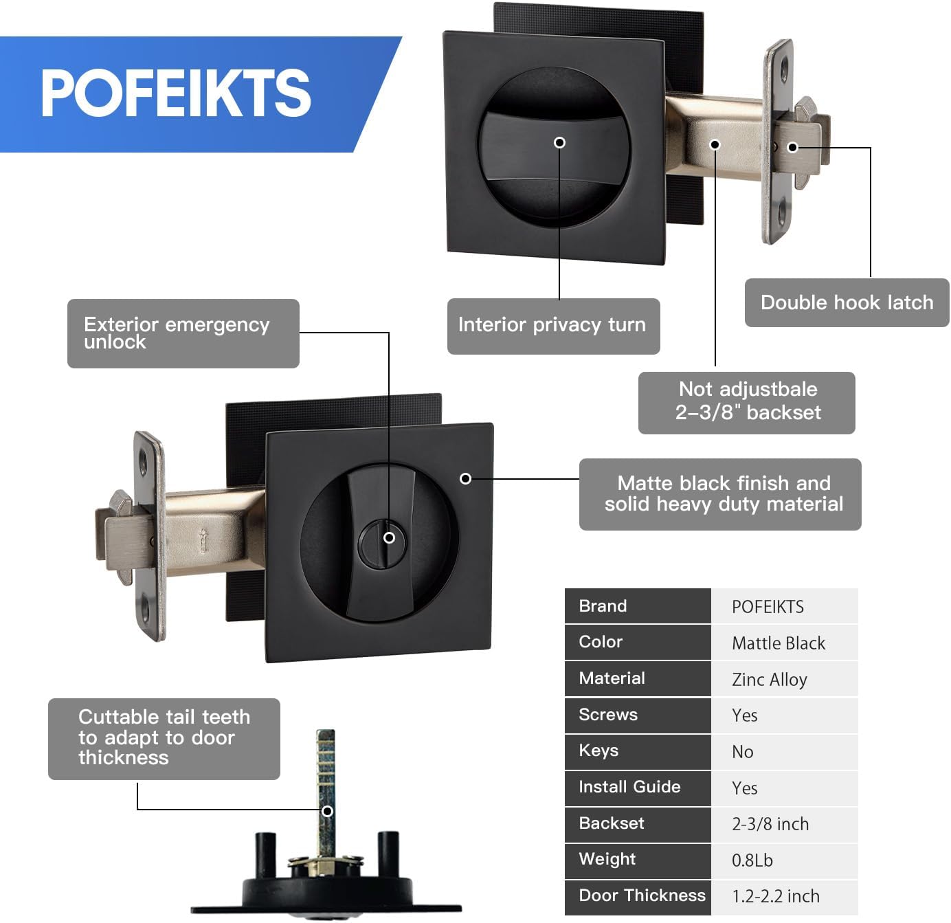 Matte Black Pocket Door Hardware with Privacy Lock & Latch - Contemporary Style for Square Pocket Doors(1 Pack, No Pull)