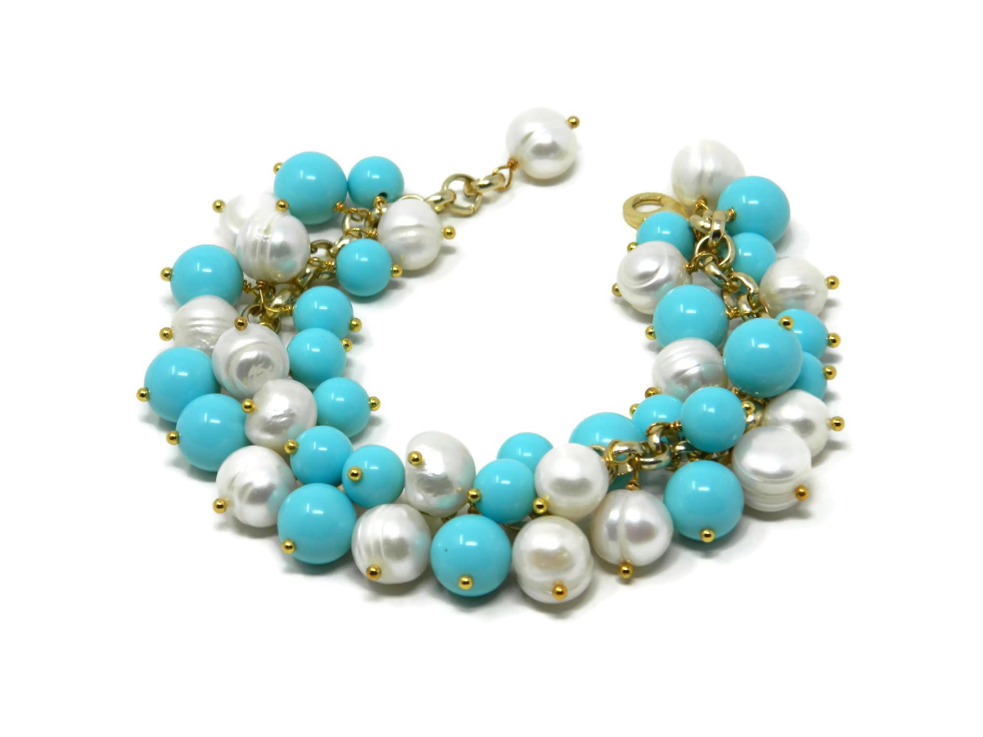 DodiGioielli Bracciale Charms Donna con Palline in Pasta di Turchese e Perle di Fiume Bianche – Lunghezza 21 cm – Catena Dorata e Chiusura in Argento 925 Placcato Oro – Made in Italy – Nichel Free