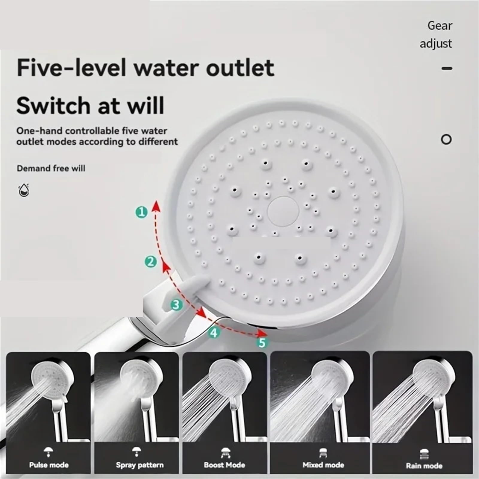 Cabezal de ducha de mano de alta presión de 5 modos, diseño de ahorro de agua con función de impulso fuerte, cabezal de ducha de plástico negro de alta calidad para una experiencia similar al spa