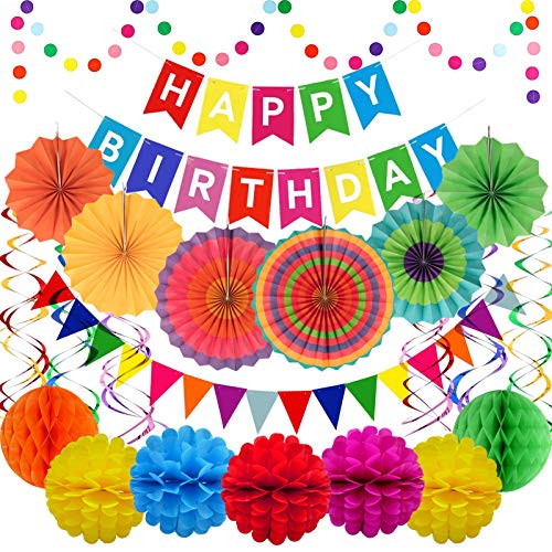 Geburtstagsdeko Bunt, Bunte Partydeko Geburtstag Set, Happy Birthday Banner, Papierfächer, Pompoms, Wimpel Girlande, Punkte Girlande, Reusable Party Deko Set für Geburtstagdeko mädchen Jungen Kinder Cover