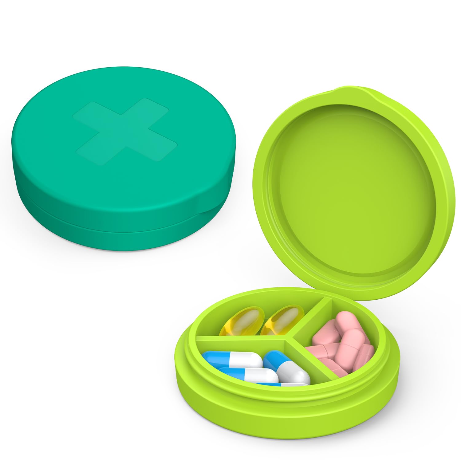 Photo 1 of 2 Pack Small Pill Box,Premium Thick Silicone 3 Compartment Travel Pill Box for Home/Desk Organizer, Portable Compact Medicine Holder for Vitamin, Cod Liver Oil, Supplement(Green+Teal)