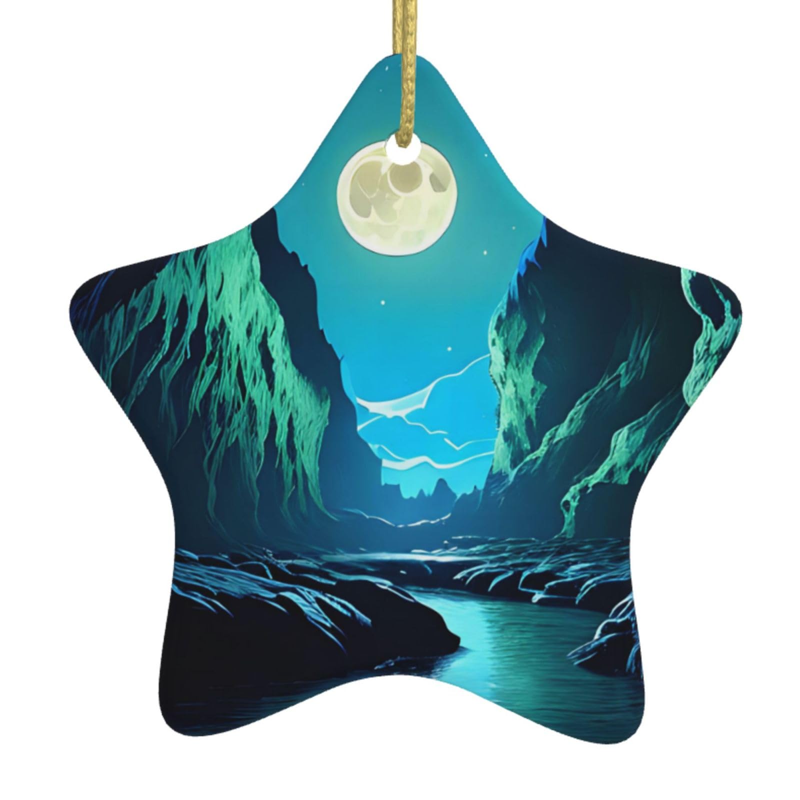 Water Moon Cave Christmas Ceramic Star Pendant with Punched Holes and Gold Wire Rope, Christmas Tree Home Decoration