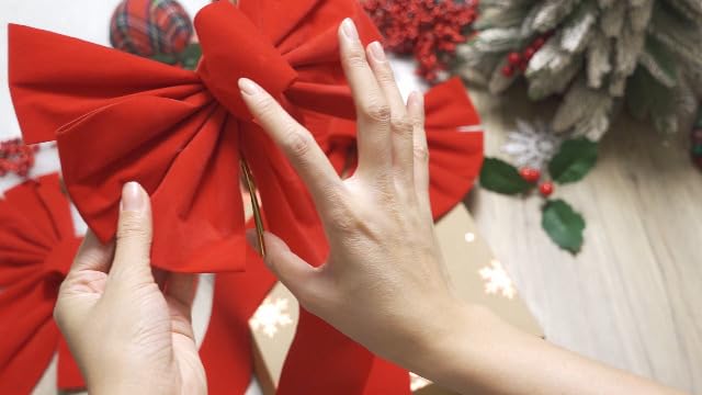 Miniatura 8 de Hoteam 24 lazos grandes de terciopelo rojo de Navidad, lazo para colgar en el árbol de Navidad, para decoración de interiores y exteriores,