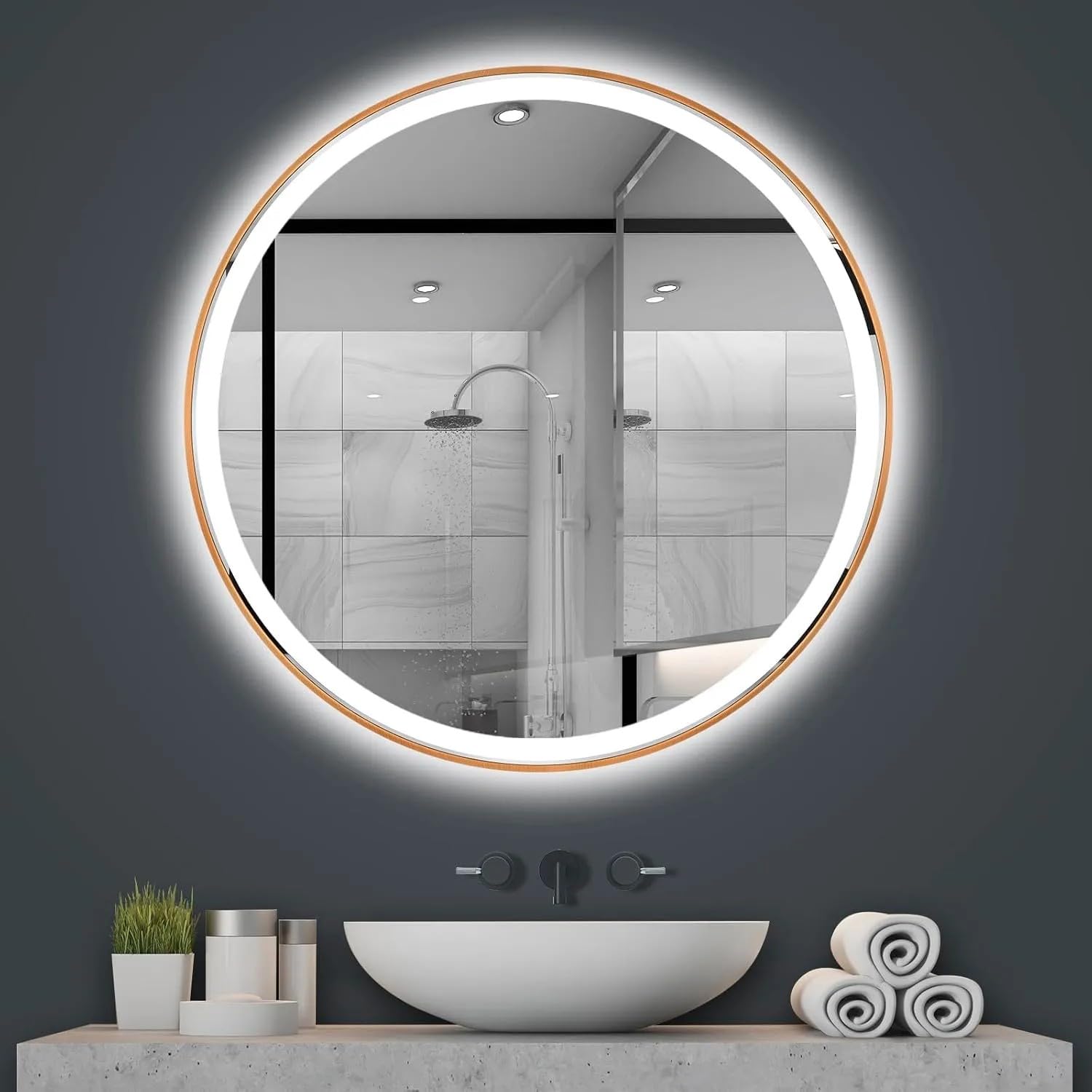 Rea - Lustro Ścienne Łazienkowe Led P11397 Mmj 80cm, Szkło, Miedziany Szczotkowany Okrągłe 2X80X80cm
