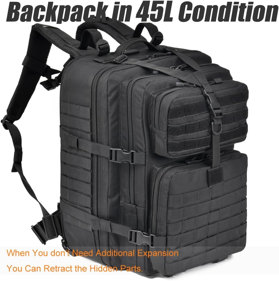 64L Large Tactical Backpack, Military Backpack, Molle Backpack, Tactical Bag, Hiking Daypacks (3, black) - Image 7