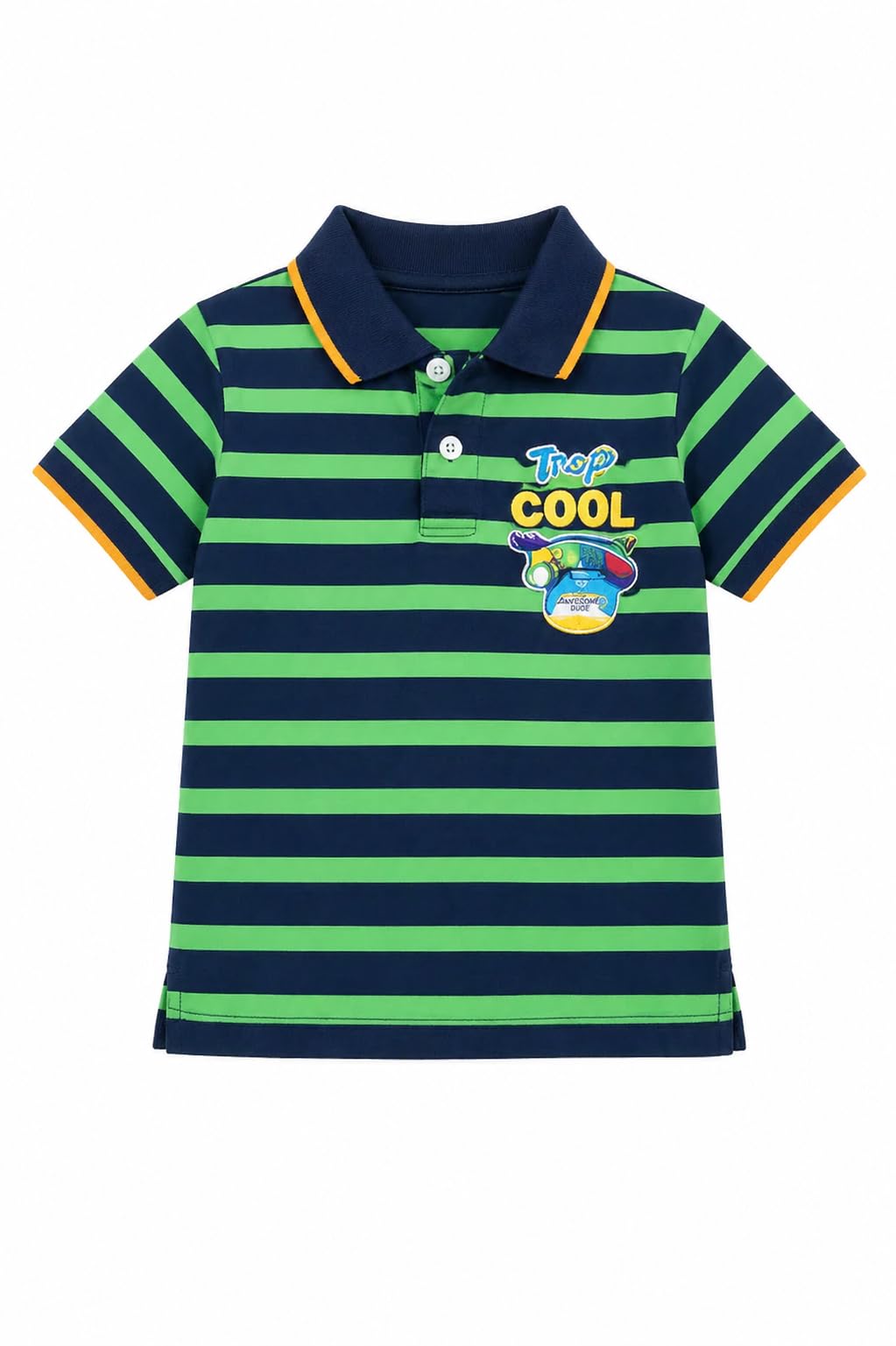 BLOOMUP Navy & Green Striped Polo Kids T-Shirt with Graphic Print – Soft Cotton Summer Wear for Boys 1-2 Years 2