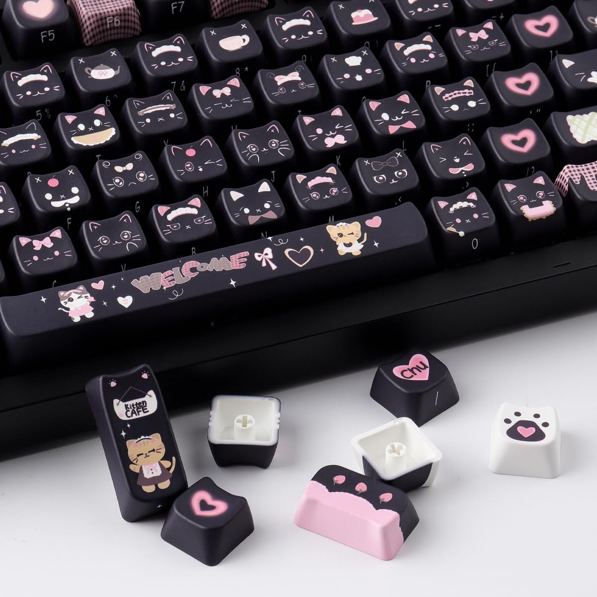 PBT Keycaps 142 Keys Cute Keycaps Dye-Sublimation Black Cat Keycap Mao Profile Custom Keycap for Cherry Gateron MX Swithes Mechanical Keyboards