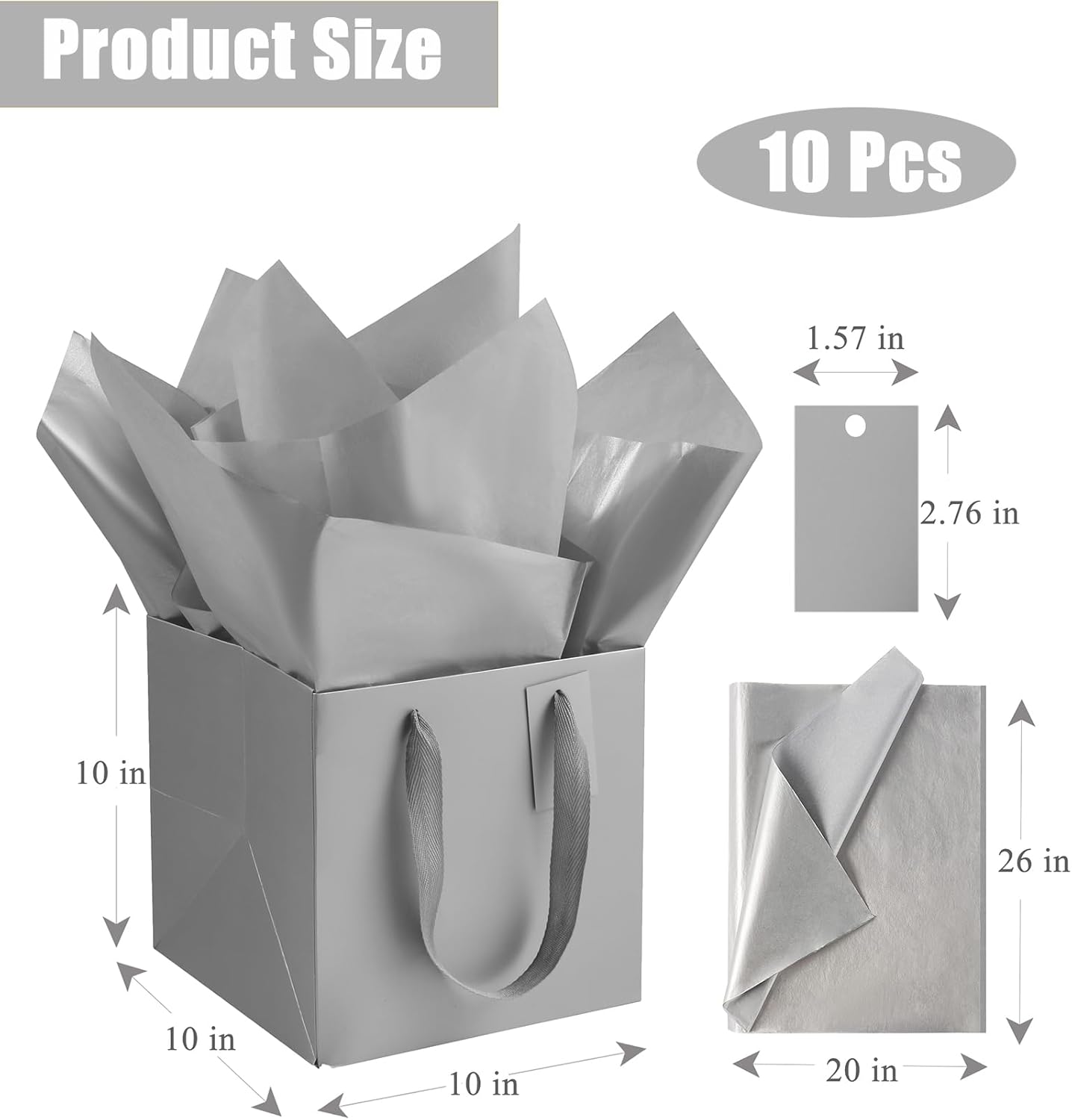 ADIDO EVA 10Pcs Square Gift Bags with Tissue Paper Medium Silver Square Gift Bags with Handles for Party Favor (10x10x10 In, Silver) - Image 2