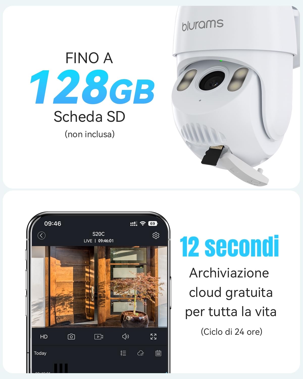 blurams 2K Telecamera Wi-Fi Esterno Interno - 360° PTZ Videocamera Sorveglianza con Visione Notturna a Colori, 5GHz WiFi, Rilevamento Movimento, Audio Bidirezionale, IP66 Impermeabile