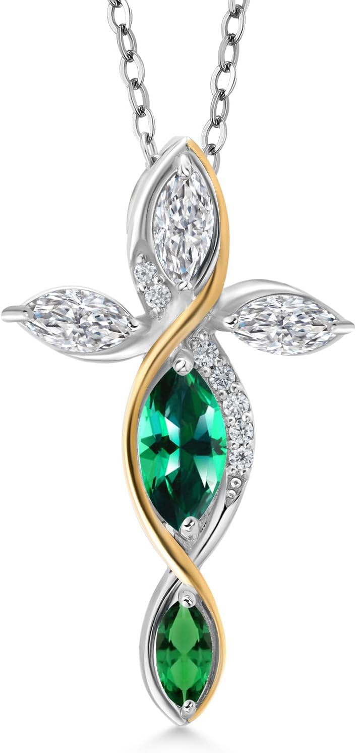 Cross Necklace For Women In 925 Silver and 10K Yellow Gold Rainforest Topaz and Lab Grown Diamond and Nano Emerald | 1.42 Cttw | Jesus Christian Religious Crucifix | Marquise 8X4MM | 18 Inch Chain