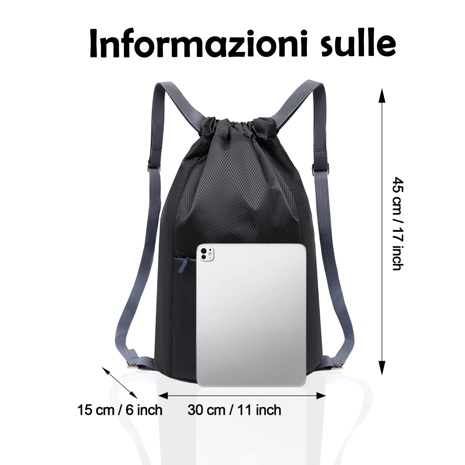 Borsa da palestra impermeabile con coulisse, borsa sportiva per donna e uomo, zaino pieghevole con coulisse di grande capacità, borsa con coulisse per escursionismo, campeggio, viaggi, nuoto (nero)