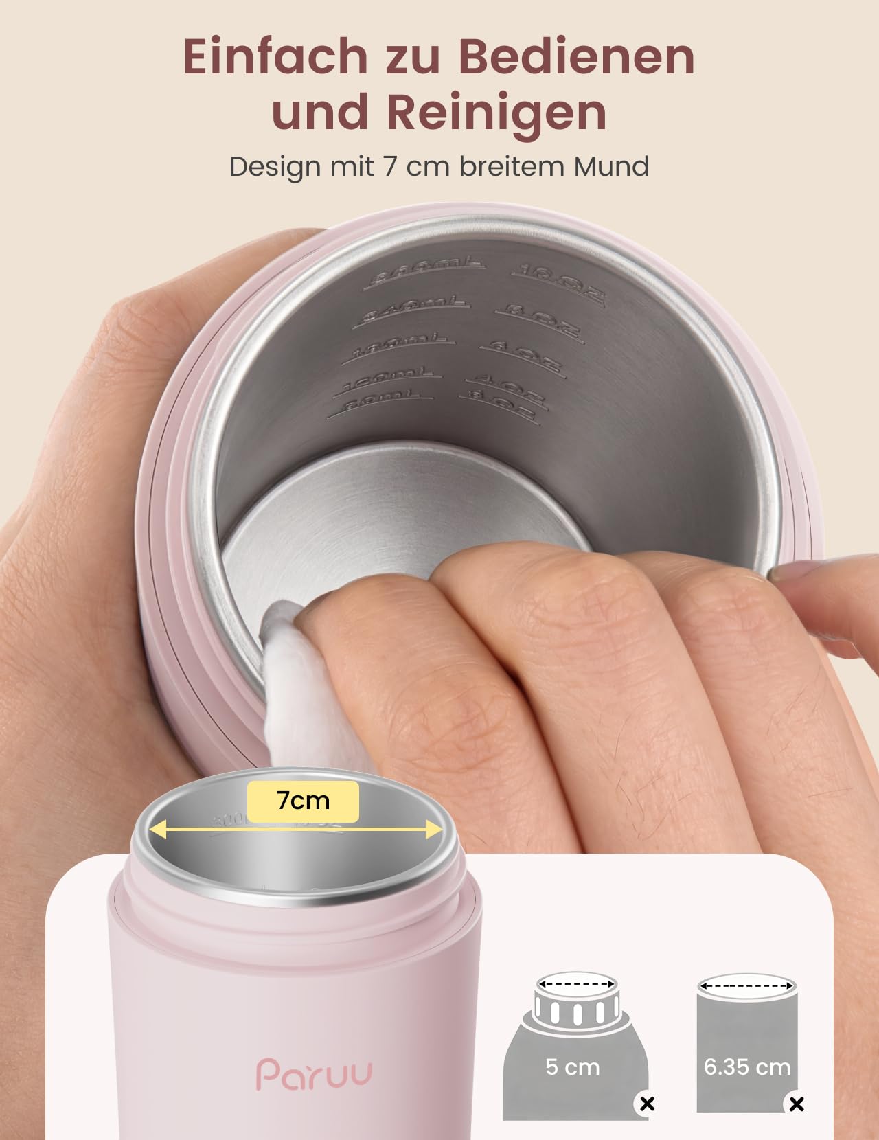 Paruu Tragbarer Flaschenwärmer Baby Unterwegs, Schnellaufheizen in 2 Min, 7-Stufige Temperaturregelung, 30W-Schnellladung, 350ml Kapazität, Rosa