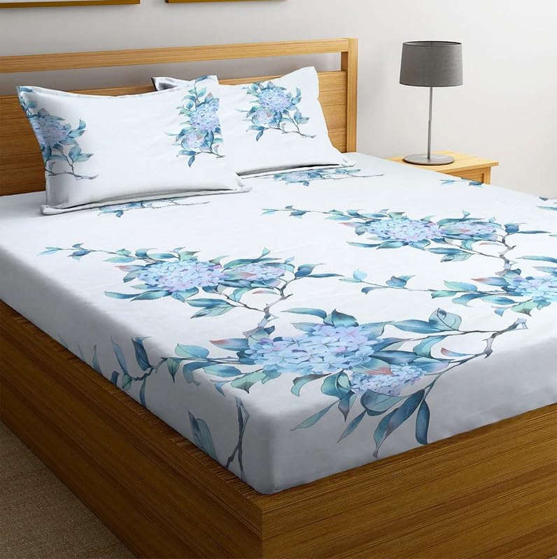 Image of NHD HOME Premium Cotton Elastic Fitted Bedsheets with 2 King Size Pillow Covers | Double Bed with All Around Elastic 220 TC Supersoft |Size-72 King Sizex78+10 inches | Floral, White & Aqua