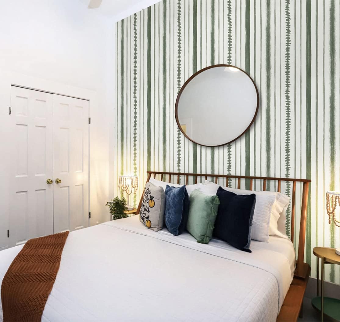 Timeet Peel and Stick Wallpaper Dark Green and White Contact Paper 17.3"×393.7" Line Stripe Wallpaper Removable Self Adhesive Wall Paper for Bedroom Bathroom Decor