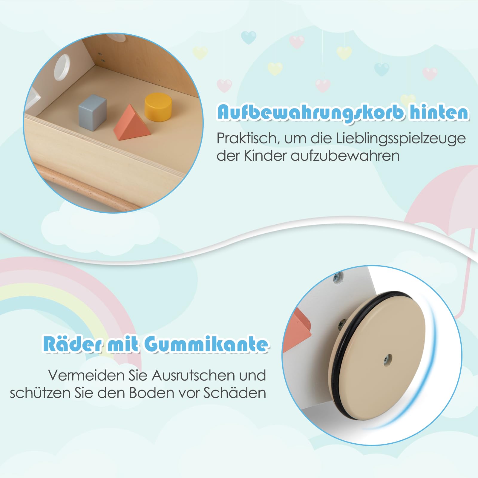 GOPLUS Stabile Lauflernhilfe aus Holz, Multifunktionaler Lauflernwagen mit mehreren Spieleinstellungen & Ablage, Lernspielzeug Gehhilfe mit Gummirädern & Griff, für Kinder ab 3 Jahren Alt (Modell 4)