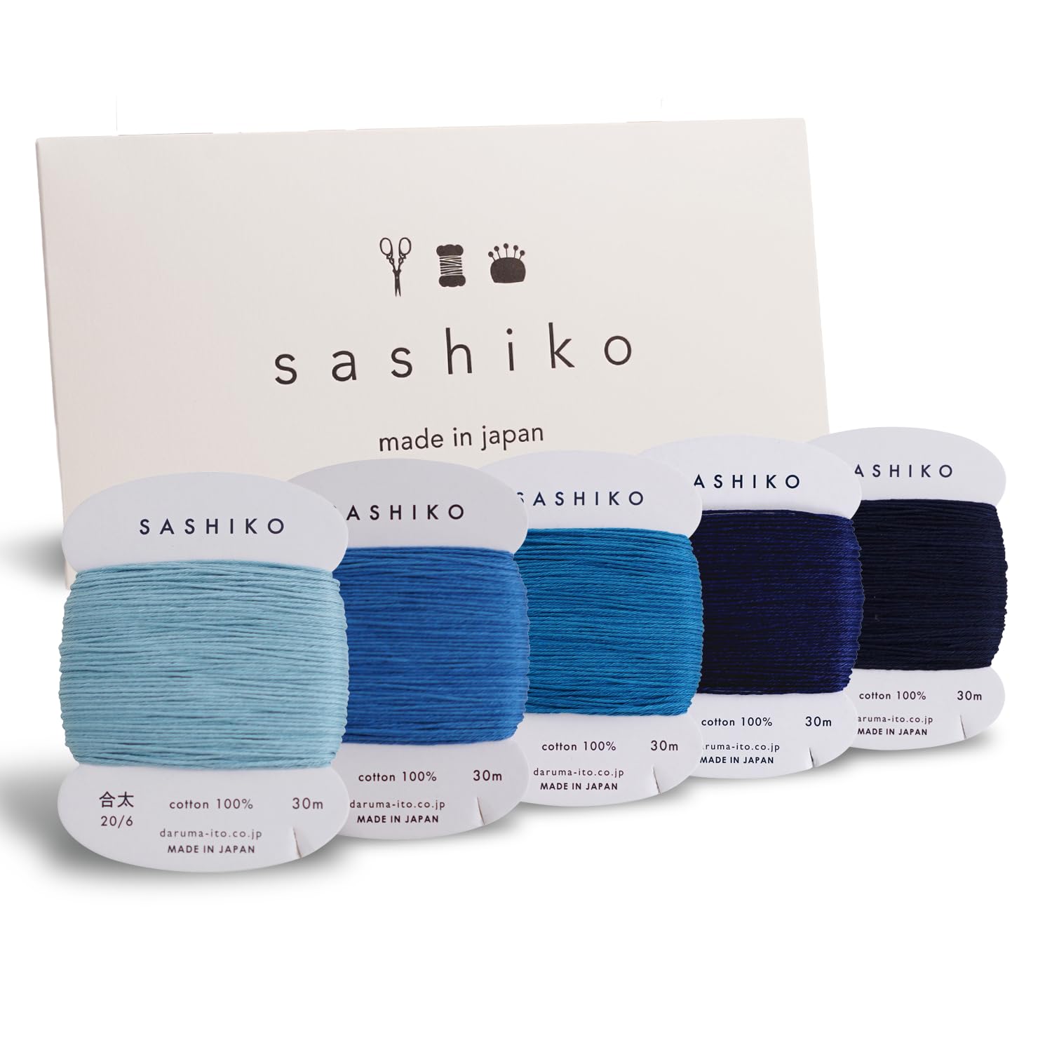 DARUMA Sashiko Thread 100% Cotton Card Type (32.8 yd) x 5 Colors with English Manual, Sewing & Embroidery Value Set with Gift Package(Thick, Amaoto)