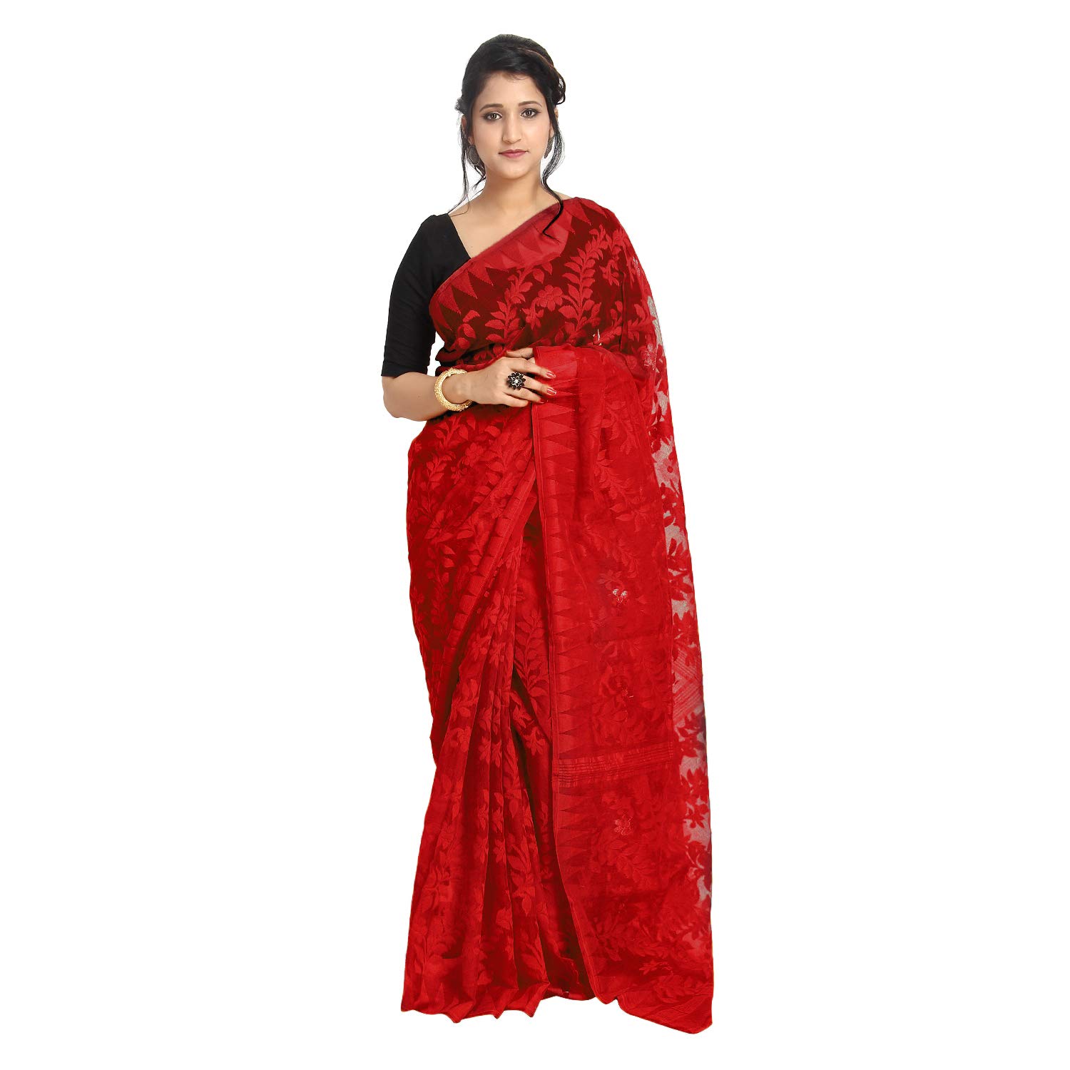 ETHNIC EMPORIUMRed Cotton Dhakai Pure Jamdani Soft Finish Muslin Women Saree Indian Bengal Breathable Woven Muslim Zari Self Sari PS