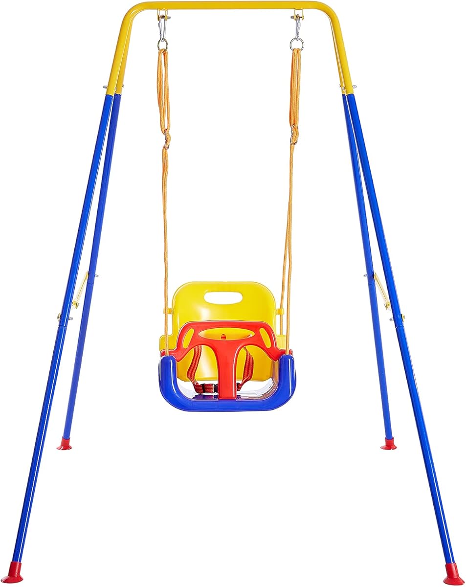 FUNLIO 3-in-1 Kid Swing with 4 Sandbags, Heavy-Duty Swing Set for Toddler with Safety Harness, Baby Swing for Indoor/Outdoor Play, Folding Metal Stand & Clear Instruction, Easy to Assemble & Store