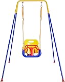 FUNLIO Toddler Swing with Foldable Metal Stand for Toddlers Aged 1~10 Years, 3-in-1 Baby Swing Set with 4 Sandbags for Backyard/Indoor/Outdoor Play, Easy to Assemble & Store Blue