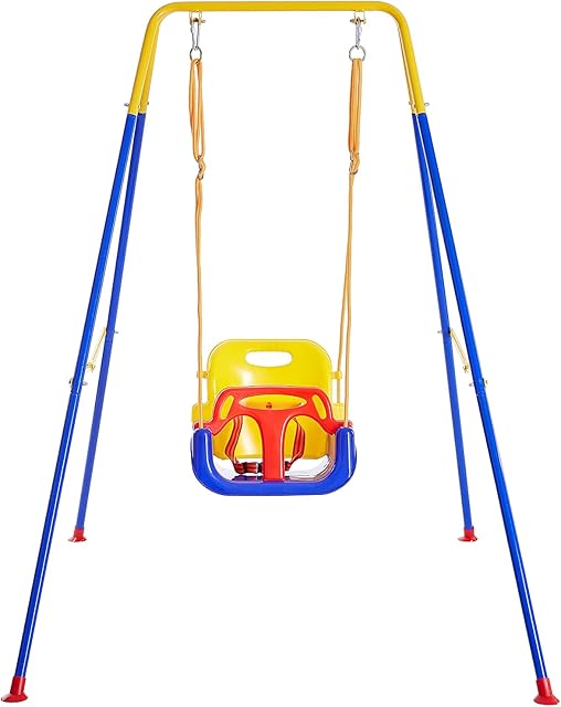 FUNLIO 3-in-1 Swing Set for Toddler with 4 Sandbags, Heavy-Duty Kid Swing Set with Safety Harness, for Backyard, Indoor/Outdoor Play, Folding Metal Stand & Clear Instruction, Easy to Assemble & Store
