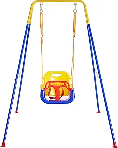 FUNLIO Toddler Swing with Foldable Metal Stand for Toddlers Aged 1~10 Years, 3-in-1 Baby Swing Set with 4 Sandbags for Backyard/Indoor/Outdoor Play, Easy to Assemble & Store
