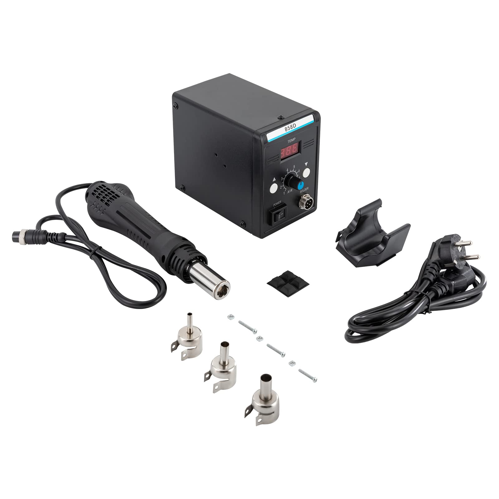 Stazione di rielaborazione ad aria calda 858D con pistola ad aria calda e 3 ugelli, riparazione SMD, precisa e veloce, indicatore LED, compatta per officina e hobby