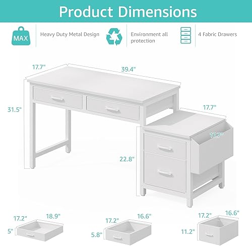 Miniatura 3 de Lufeiya Escritorio blanco para computadora con cajones de archivos, escritorios de oficina en casa de 40 pulgadas con archivador de tela, soporte de