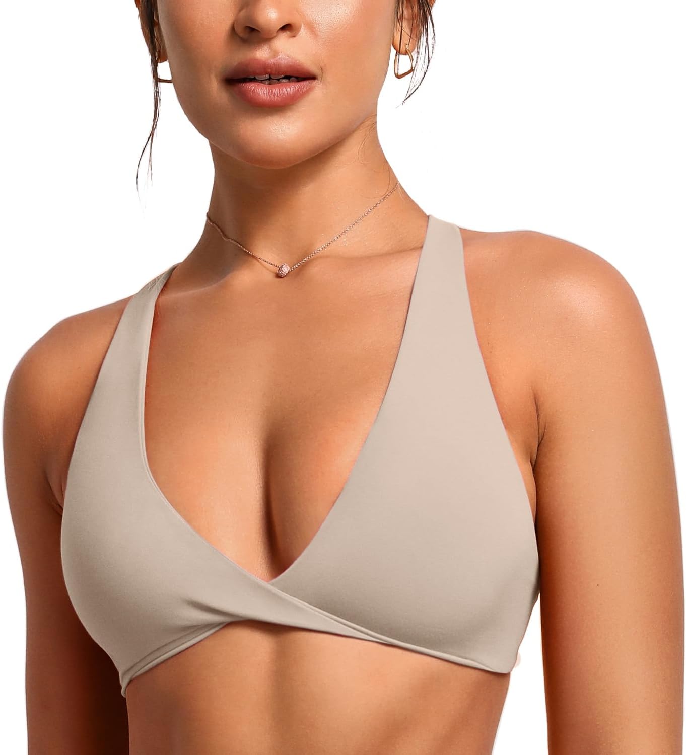 VANTONIA Womens Butterluxe Twist Front Sports Bra Deep V-Neck Crop Top Strappy Cross Back Bra with Nipple Covers-Vivi Bra