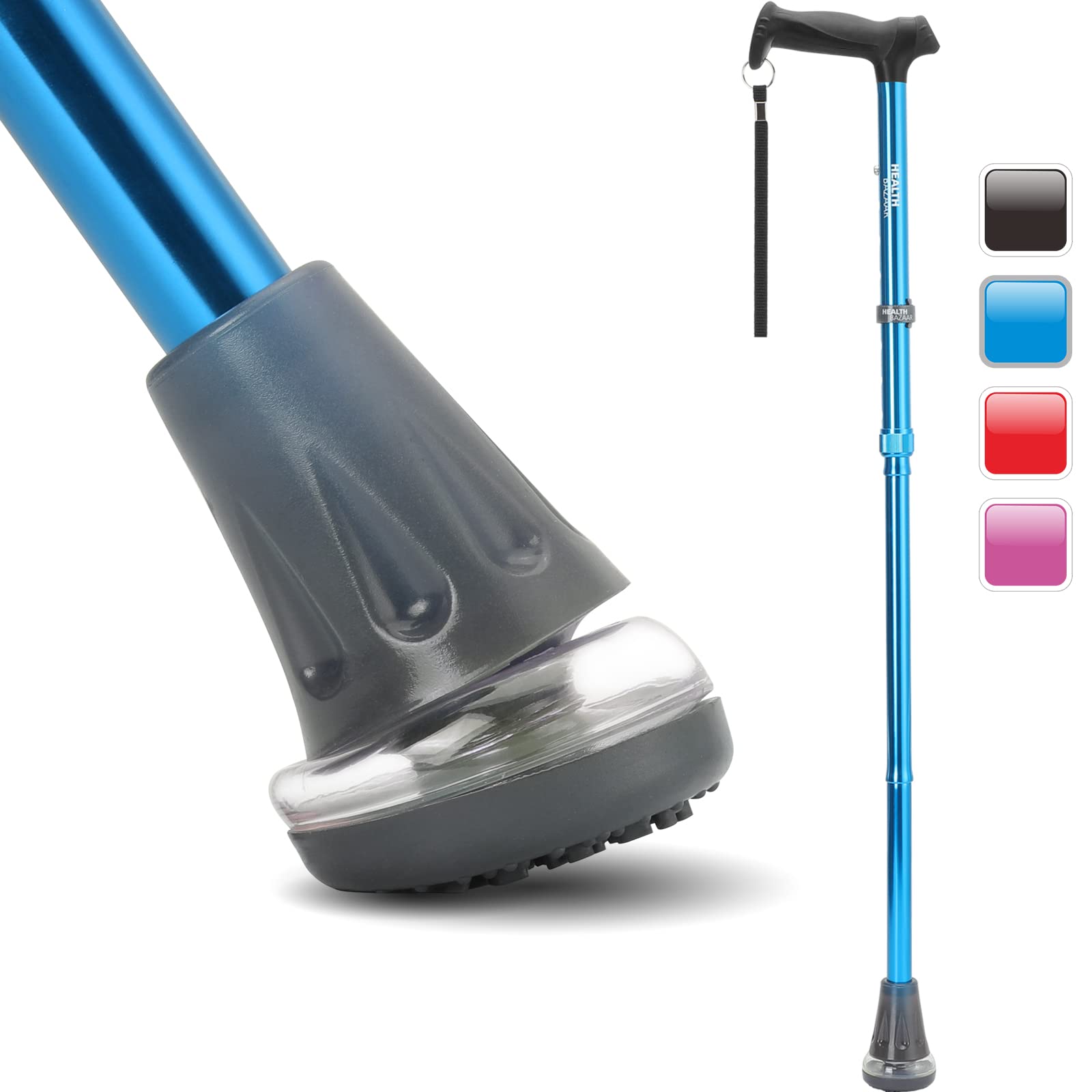 HealthBazaar All Terrain Walking Cane, Foldable Walking Canes for Men & Women, Air Cushion Cane Tips Folding Walking Stick with Shock Absorbing, Comfortable Handles (Ocean Blue)