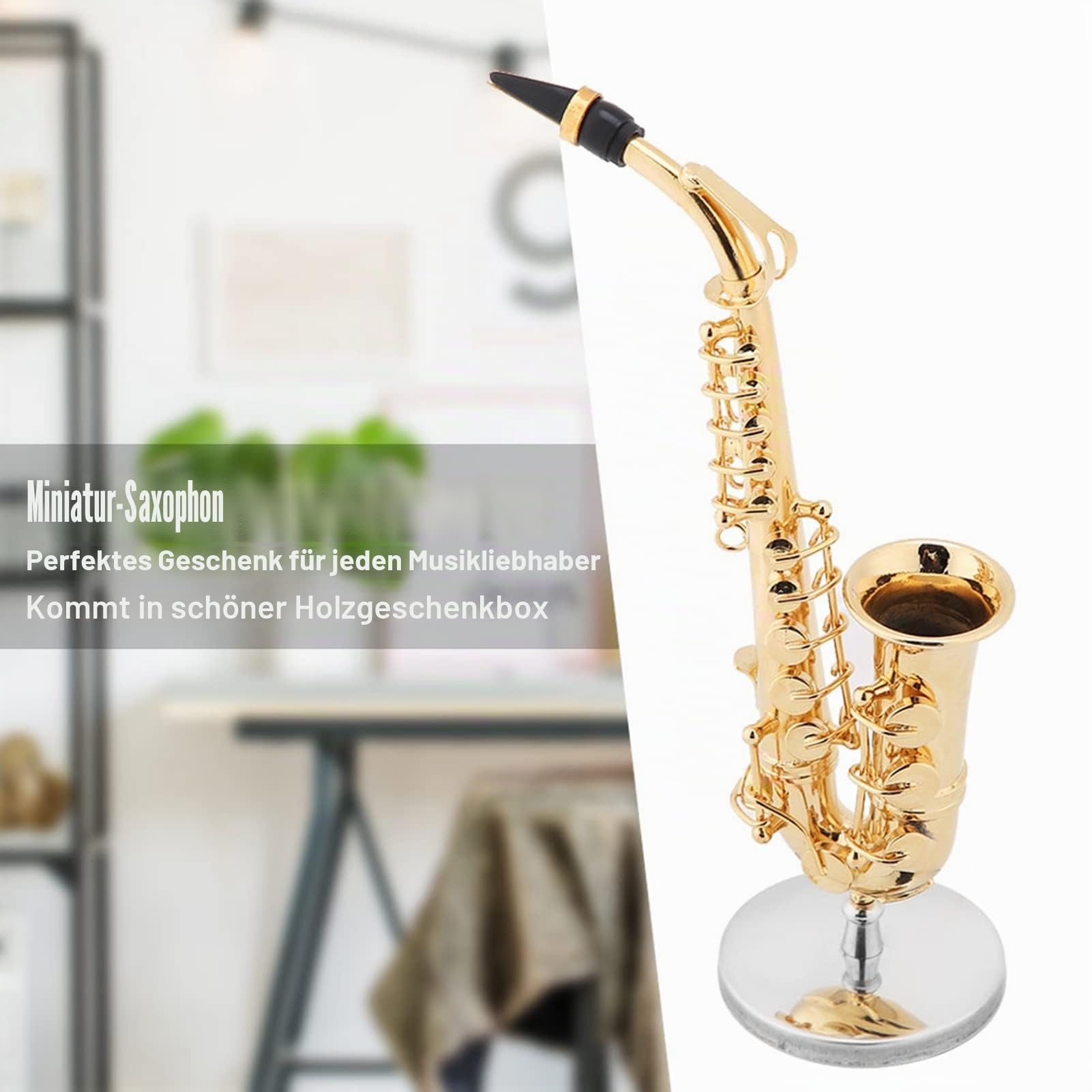 Miniatur Altsaxophon Replik mit Ständer und Gehäuse Vergoldetes Instrument Modell Erstklassiges Mini-Musikinstrument Golden Plated Musical Ornaments