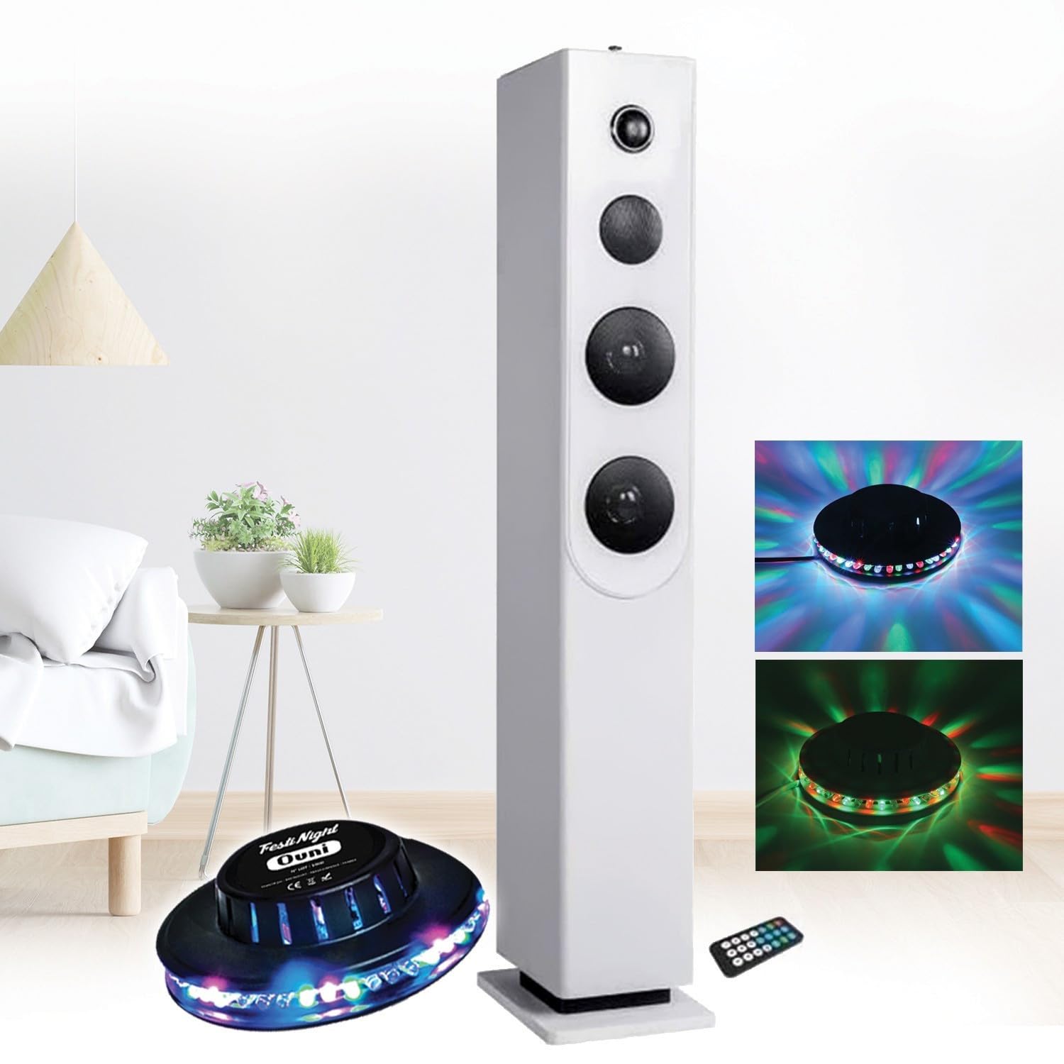 Tour de Son amplifié 100W Innovaley HP33-CD-WHITE avec Lecteur CD, Bluetooth, FM et USB + télécommande, Jeu de lumière OVNI