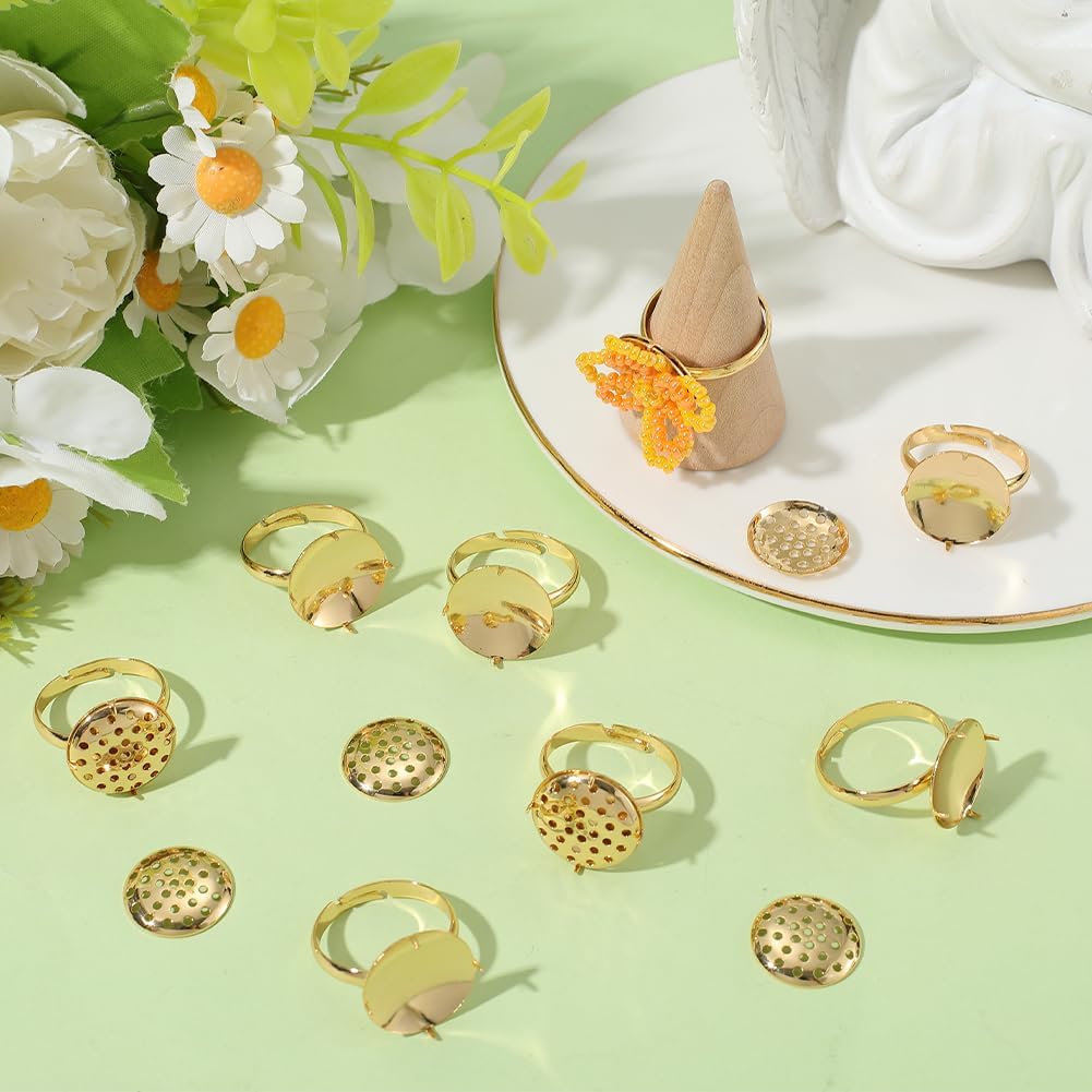 Beebeecraft 12 Sets Adjustable Ring Findings with Sieve 18K Gold Plated Ring Bezel Blanks Settings for Personalized Jewelry Making DIY Crafts Handmade Supplies