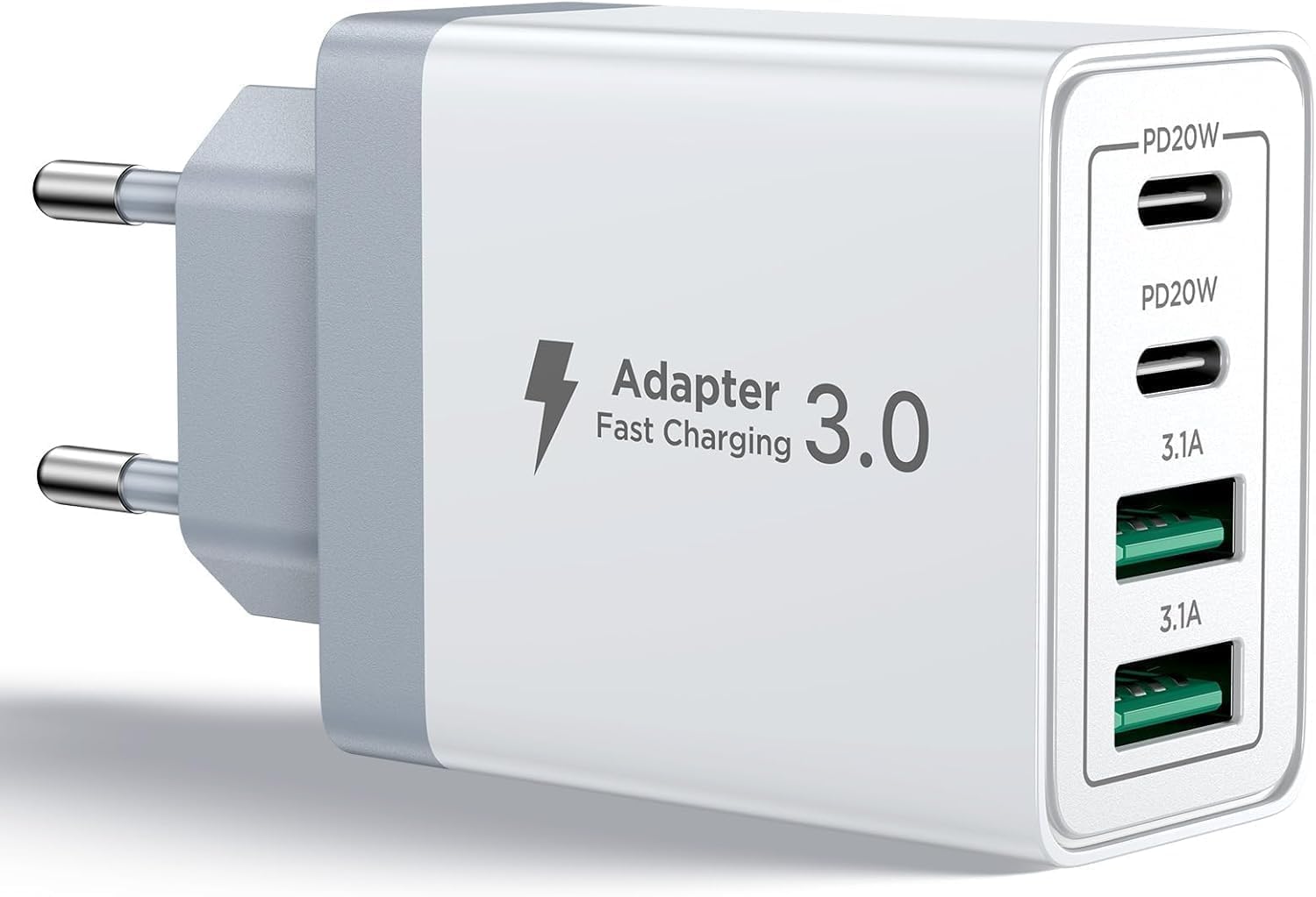 Caricatore USB C, 40W 4-Porto Rapido Presa USB Multipla PD+QC 3.0 Carica Cellulare, Spina Alimentatore USBC Caricabatterie per iPhone 17 16 15 14 13 12 11 Pro Max, Samsung, Spinotto USB Adattatore
