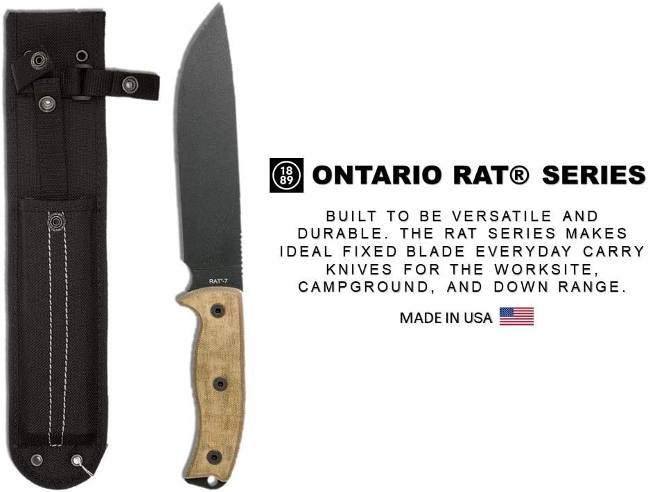 Ontario Knife Co. 8668 Rat-7 Fixed Blade Knife 7" Drop Point 1095 Black Carbon Steel Blade 5" Tan Micarta Handle for Outdoor, Tactical, Survival, Bushcraft, and EDC : Sports & Outdoors