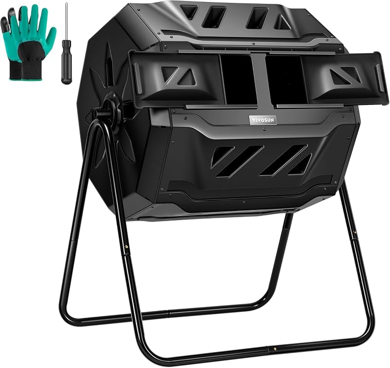 Contenedor de compost giratorio doble para exteriores, puerta negra de 43 galones
