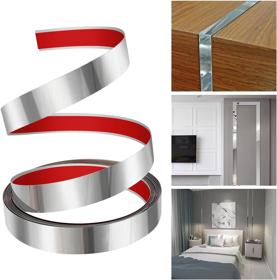 - HASTHIP 16.4ft Silver Metal Trim Wall Strip, 201 Stainless Steel Self Adhesive Peel and Stick Wall Trim Metalized Mirror-Like Finish for Ceiling Floor Cabinet Tile Edge Moulding, 2 Cm